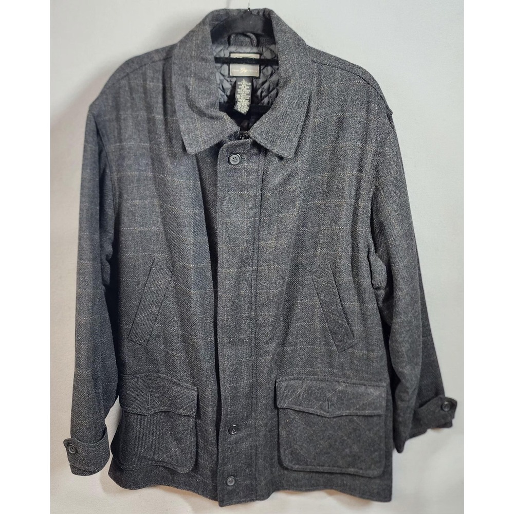 Vintage‎ Gap Wool Car Coat Jacket Mens Large Gray Plaid Quilted Lined Tailored